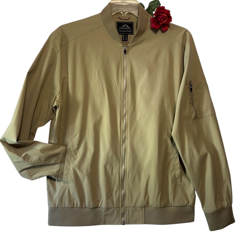 OUTDOOR JACKET LG Tan Full Zip lightweight ribbed collar & hem 3 pockets EUC